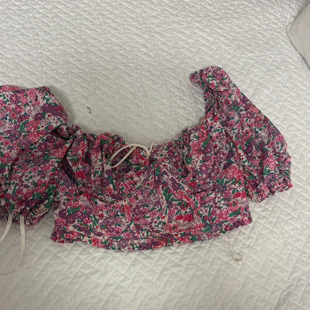 For Love And Lemons Floral Crop Top - Pink and Green